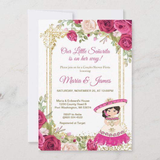 ピンクの赤い花メキシカンフィエスタカップルのシャワー 招待状 (正面)