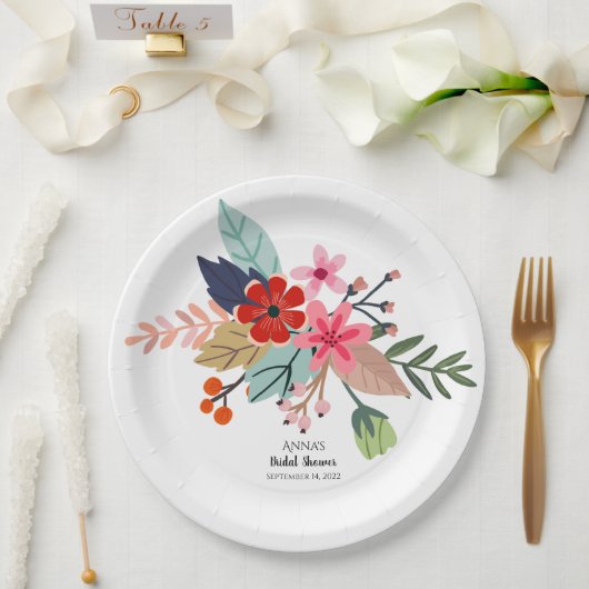 ピンクの赤い青の大きな花束の夏の花 ペーパープレート (ウェディング)