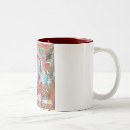 ピンクの赤い青を絵を描く無謀なハートの抽象美術 マグカップ (右)
