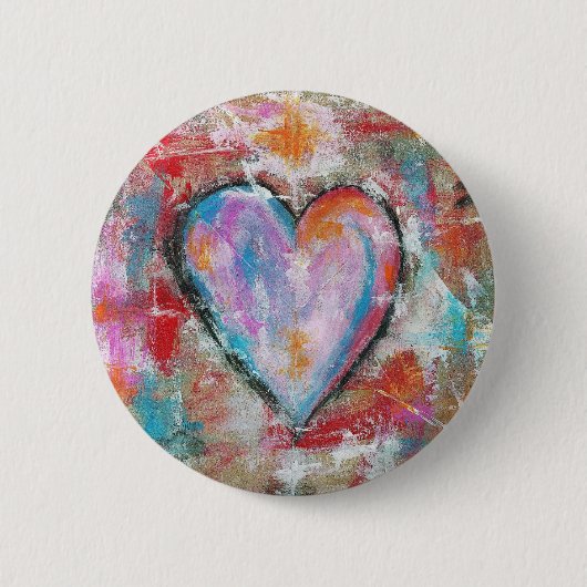 ピンクの赤い青を絵を描く無謀なハートの抽象美術 缶バッジ (正面)