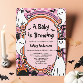 ピンクの赤ちゃんがハロウィンの魔法を Brew している ハロウィンのベイビーシャワー 招待状