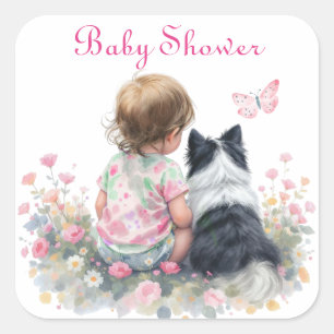 ピンクの赤ちゃんと子犬のベビーシャワー スクエアシール