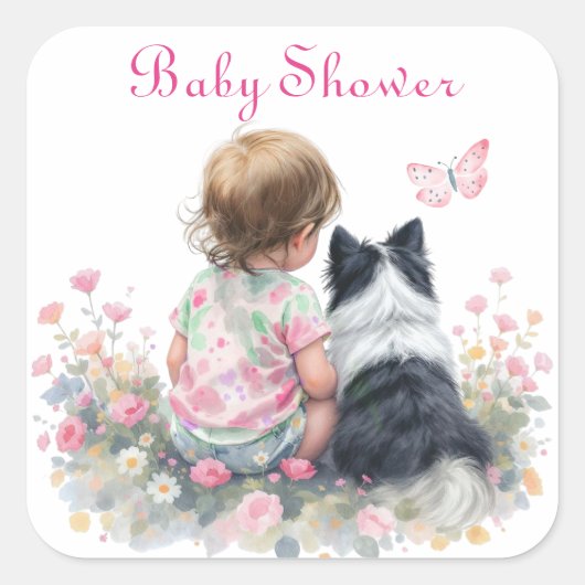 ピンクの赤ちゃんと子犬のベビーシャワー スクエアシール (正面)