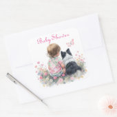 ピンクの赤ちゃんと子犬のベビーシャワー スクエアシール (封筒)