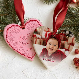 ピンクの赤ちゃんの初めてのクリスマスのハートの写真オーナメント セラミックオーナメント