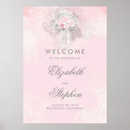ピンクの赤ちゃんの息のフローラ結婚のウェルカムサイン ポスター (正面)