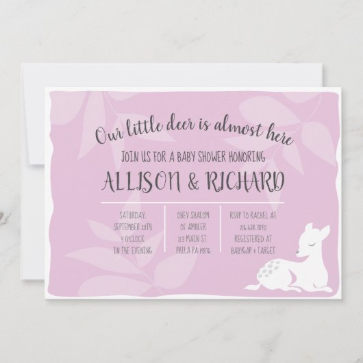 ピンクの赤ちゃんガーデン鹿 ディアベイビーシャワーの招待状 招待状 (正面)