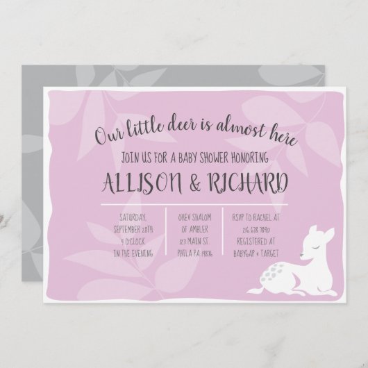 ピンクの赤ちゃんガーデン鹿 ディアベイビーシャワーの招待状 招待状 (正面/裏面)