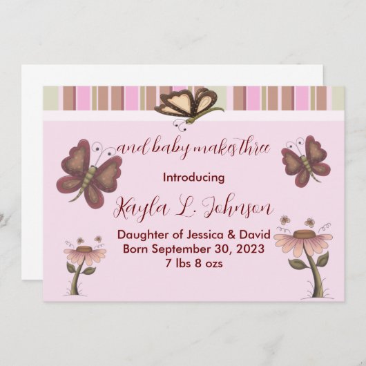 ピンクの赤ちゃんガールバタフライフラワー誕生のお知らせ 案内状 (正面/裏面)