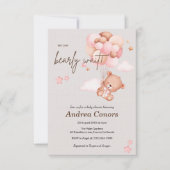 ピンクの赤ちゃんクマと風船のベビーシャワー招待状 招待状 (正面)