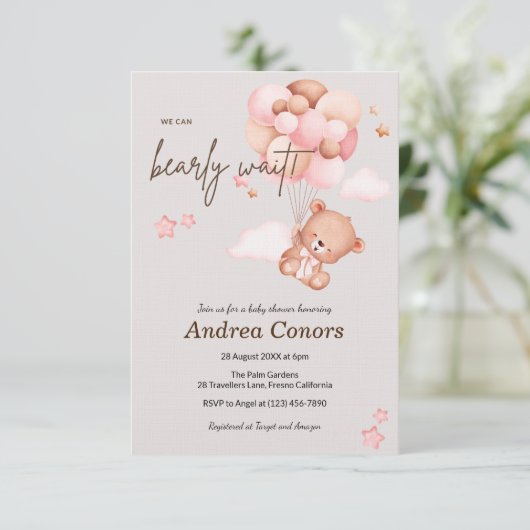 ピンクの赤ちゃんクマと風船のベビーシャワー招待状 招待状 (スタンド正面)