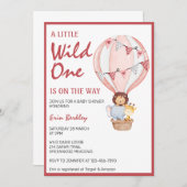 ピンクの赤ちゃんシャワーが途中にある小さな野生の人 招待状 (正面/裏面)