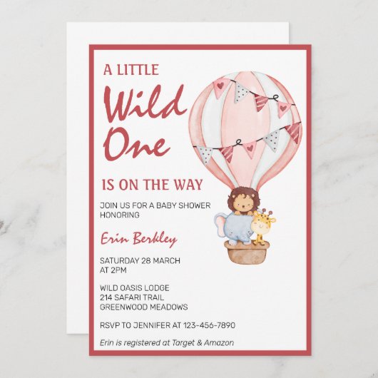 ピンクの赤ちゃんシャワーが途中にある小さな野生の人 招待状 (正面/裏面)