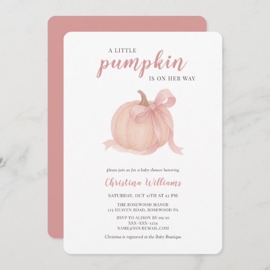 ピンクの赤ちゃんシャワーの途中の小さなかぼちゃ 招待状 (正面/裏面)