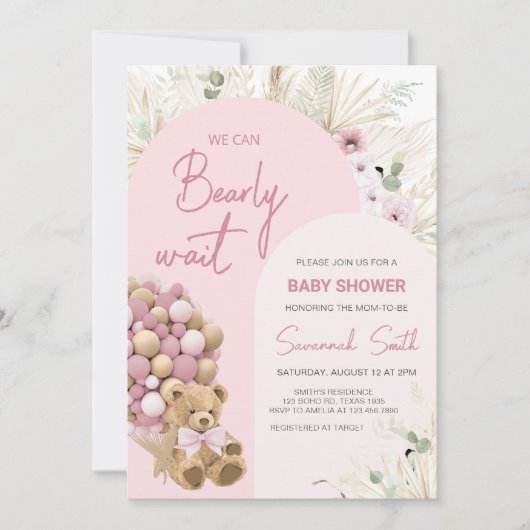 ピンクの赤ちゃんシャワーを待つことができる 招待状 (正面)