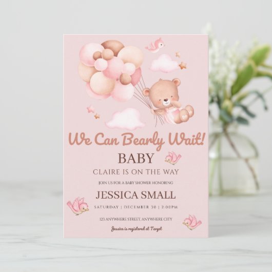 ピンクの赤ちゃんシャワーを待つことができる 招待状 (スタンド正面)