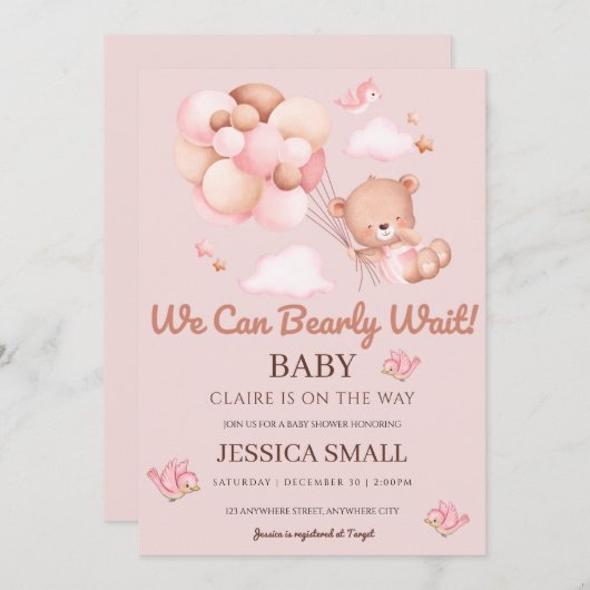 ピンクの赤ちゃんシャワーを待つことができる 招待状 (正面/裏面)