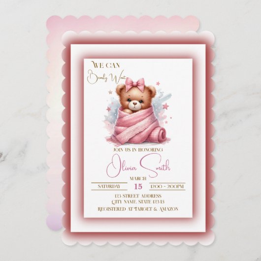 ピンクの赤ちゃんシャワーを待つことができる 招待状 (正面/裏面)