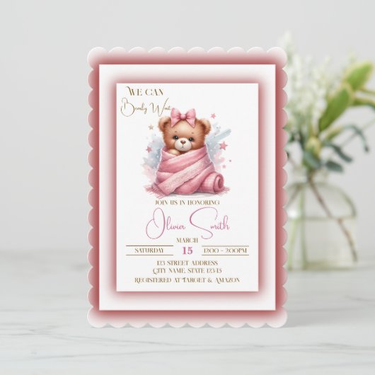ピンクの赤ちゃんシャワーを待つことができる 招待状 (スタンド正面)