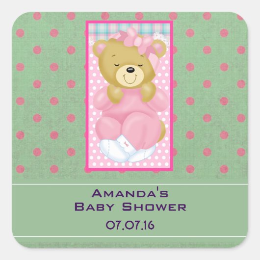 ピンクの赤ちゃんシャワーを着たかわいい可愛らしいクマ スクエアシール (正面)
