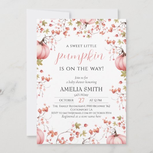 ピンクの赤ちゃんシャワーエレガントの途中の小さなカボチャ 招待状 (正面)