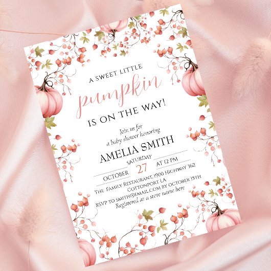 ピンクの赤ちゃんシャワーエレガントの途中の小さなカボチャ 招待状