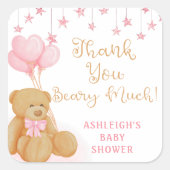 ピンクの赤ちゃんシャワーテディベアーバルーンありがとう スクエアシール (正面)