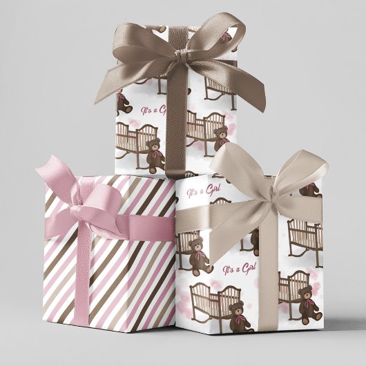 ピンクの赤ちゃんシャワー女の子テディベア ラッピングペーパーシート