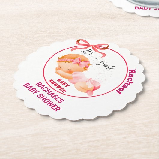 ピンクの赤ちゃんシャワー、赤ちゃんガールシャワー ペーパーコースター (アングル)