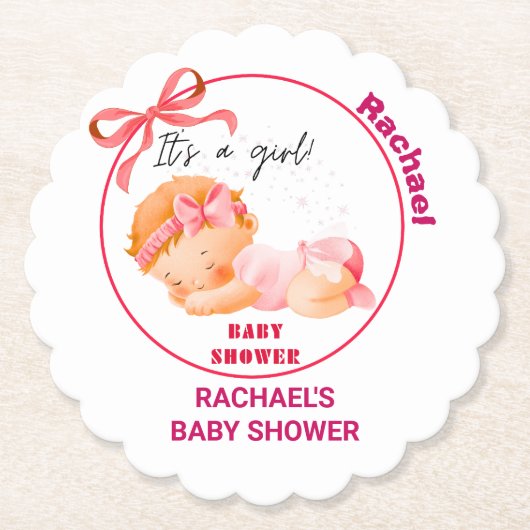 ピンクの赤ちゃんシャワー、赤ちゃんガールシャワー ペーパーコースター (正面)