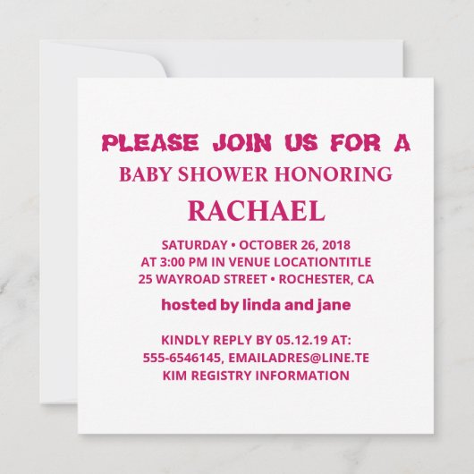 ピンクの赤ちゃんシャワー、赤ちゃんガールシャワー 招待状 (裏面)