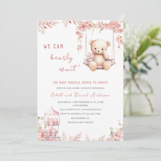 ピンクの赤ちゃんシャワーWatercolorInvitationを心待ち 招待状 (スタンド正面)