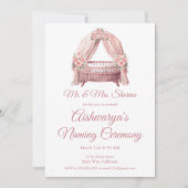 ピンクの赤ちゃん女の子のゆりかご命名式 招待状 (正面)