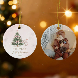 ピンクの赤ちゃん女の子のファーストクリスマススノーフレークフォト セラミックオーナメント