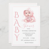 ピンクの赤ちゃん女の子のベビーシャワー 招待状 (正面/裏面)