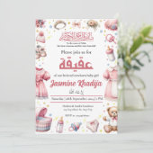 ピンクの赤ちゃん女の子のムスリムイスラム教のお祝い アキーハ 招待状 (スタンド正面)