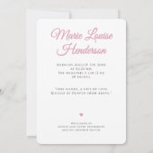 ピンクの赤ちゃん女の子の写真の誕生発表カード 案内状 (裏面)