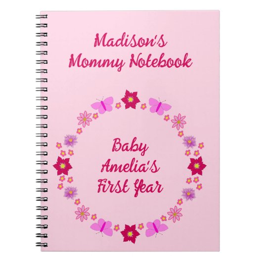 ピンクの赤ちゃん女の子の蝶と花新しい母 ノートブック (正面)
