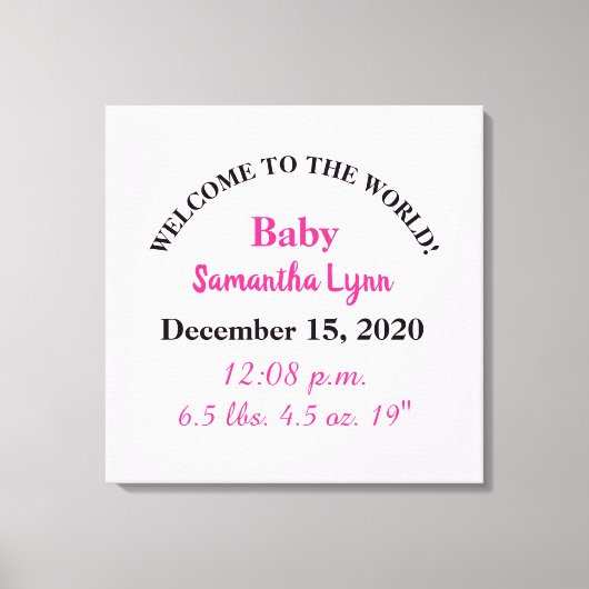 ピンクの赤ちゃん女の子の誕生情報 キャンバスプリント (正面)