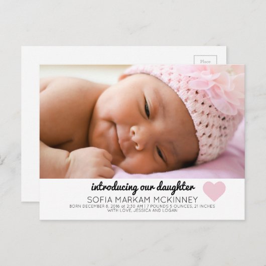 ピンクの赤ちゃん女の子の誕生発表写真はがき 案内ポストカード (正面/裏面)