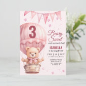ピンクの赤ちゃん女の子の風船のクマの誕生日プレゼント 招待状 (スタンド正面)