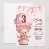 ピンクの赤ちゃん女の子の風船のクマの誕生日プレゼント 招待状 (正面/裏面)