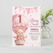 ピンクの赤ちゃん女の子の風船のクマの誕生日 招待状 (スタンド正面)