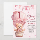 ピンクの赤ちゃん女の子の風船のクマの誕生日 招待状 (正面/裏面)
