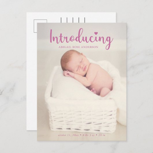 ピンクの赤ちゃん女の子を紹介Vertical Photo Script 案内ポストカード (正面/裏面)