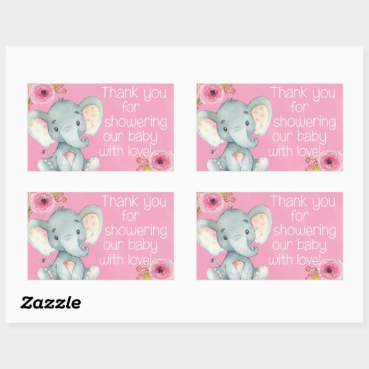 ピンクの赤ちゃん女の子エレファントシャワーありがとうシール 長方形シール (シート)