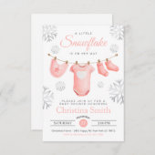 ピンクの赤ちゃん女の子シャワーの途中の小さな雪の結晶 招待状 (正面/裏面)