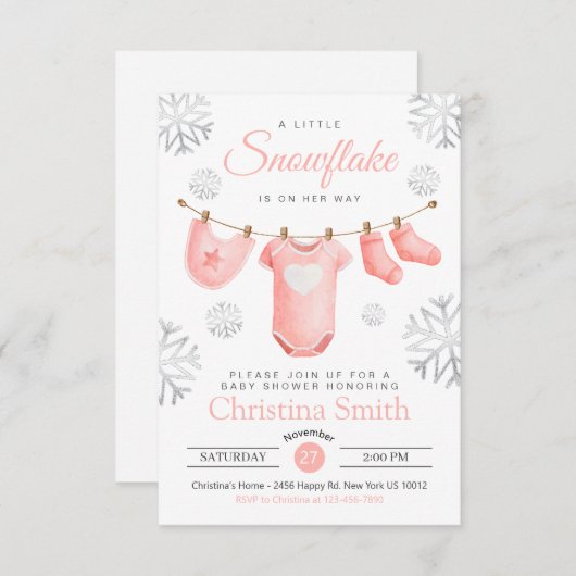 ピンクの赤ちゃん女の子シャワーの途中の小さな雪の結晶 招待状 (正面/裏面)