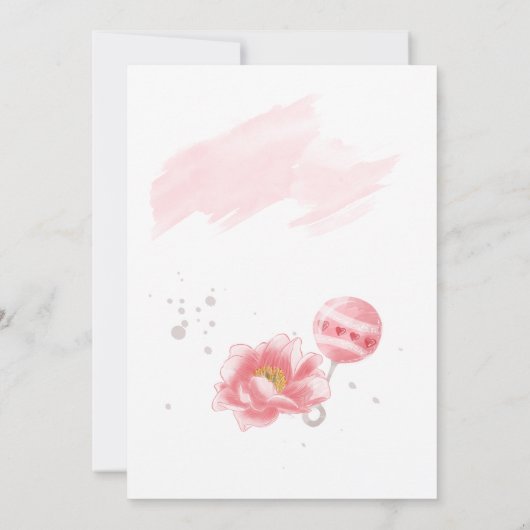 ピンクの赤ちゃん女の子ロムパーボトル花ベビーシャワー 招待状 (裏面)