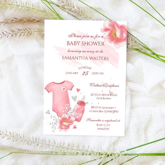 ピンクの赤ちゃん女の子ロムパーボトル花ベビーシャワー 招待状